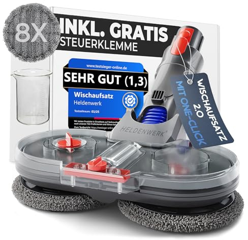 HELDENWERK Wischaufsatz für Dyson V6 Staubsauger, Dyson Zubehör Wischaufsatz, Elektrischer Bodenwischer mit Wassertank, Füllbehälter & 8 waschbaren Mops