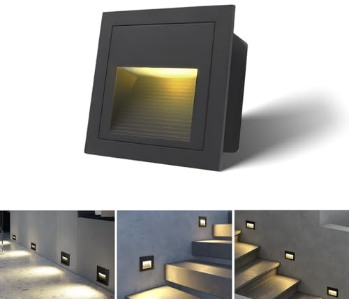 Arotelicht 1pcs/3W Wall Recessed Stair Lights LED,Warm White,Indoor Step Light,Square Recessed Wall Light,Black Cover Staircase Light IP44 for Indoor Outdoor Stairs, Home, Kitchen, Attic, Aisle