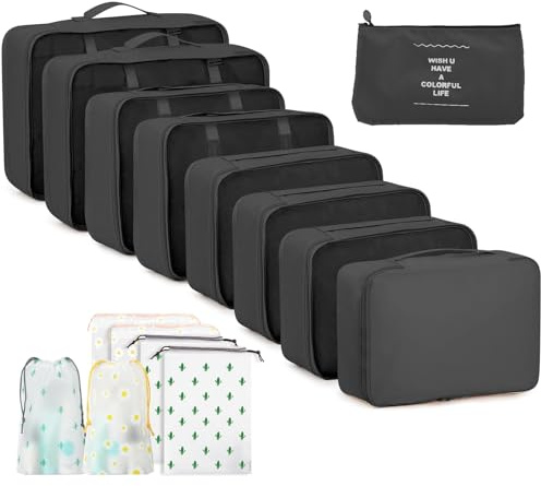 Resväskeinsatser, 15 stycken packkuber, vattentäta väskinsatser för semester och resor med transparenta packpåsar, svart