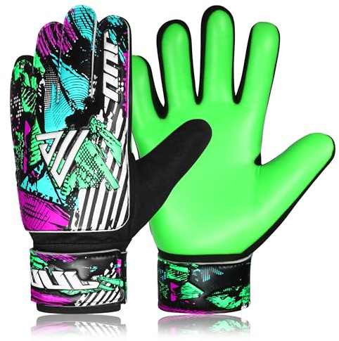 JUU Football Goalkeeper Gloves with 4mm Latex for Super Grip Palm & Double Wrist Protection Funky Goalkeeping Gloves (Green, Size 4 suitable for 6 to 9 years old)