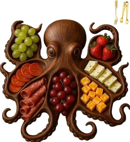 Plato de charcutería de pulpo, tabla de pan de queso con temática oceánica, bandeja de servir de madera con diseño de Kraken, bandeja náutica para queso, carnes y frutas, plato novedoso, regalo único