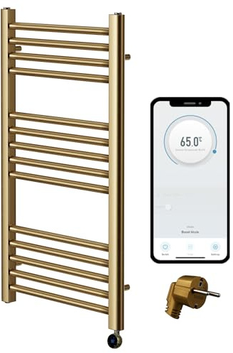 Greened House Termoarredo elettrico WiFi scalda asciugamani Smart Flat con timer programmabile 7 giorni, compatibile con app (ottone spazzolato, 400 mm L x 800 mm A)