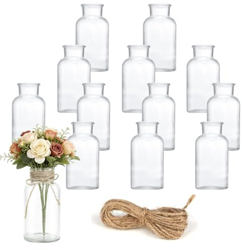 Set di 12 Vasi Vetro 125ml con 10m Corda di Juta, Bocca Larga 3.3cm per Decorazione Tavolo Centrotavola, Lavabile Stile Vintage per Casa Matrimonio Feste Laboratorio