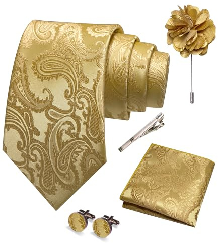 RBOCOTT Gold Paisley Tie Necktie and Pocket square Cufflinks Lapel Pin Tie Clip Sets for Men 5PCS(1)