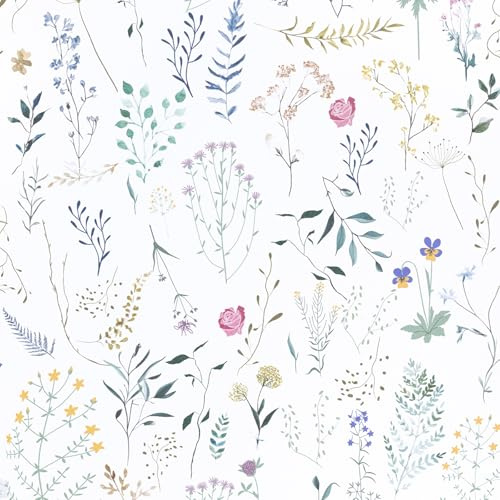 Hode White Floral Vinyl Wrap Sticky Back Plastic Patterned Contact Paper Self Adhesive, Peel and Stick Wallpaper for Furniture Kitchen Living Room Bedroom Bathroom Wall Paper 44x300cm