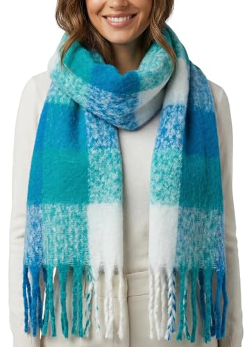 MIJOMA Damhalsduk rutig med fransar – fluffig vinterhalsduk lång och mjuk – fashionabel halsduk 200 x 40 cm – snyggt tillbehör för höst och vinter, Petrol vit turkos, 200 x 40 cm