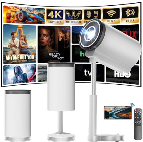 4K-projektor 1080P, Android13 integrerad app, 5G WiFi 6 BT 5.4 mini bärbar videoprojektor, 90° rotation justerbart teleskopfäste, automatisk horisontell keystone-korrigering