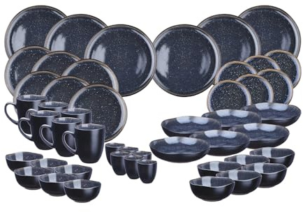 BJORN Service de Vaisselle Complet IRIS 42 Pièces pour 6 Personnes – Grès Émaillé Réactif Bleu Nuit, Assiettes Bols Mugs et Tasses, Service de Table Design Élégant