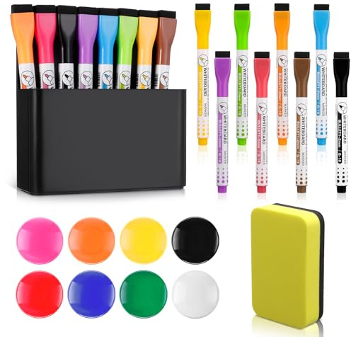 Vyuwast Lot de 18 accessoires pour tableau blanc, 1 porte-stylo magnétique, 8 stylos, 8 aimants, 1 éponge, pour l'école, le bureau, le réfrigérateur (noir)