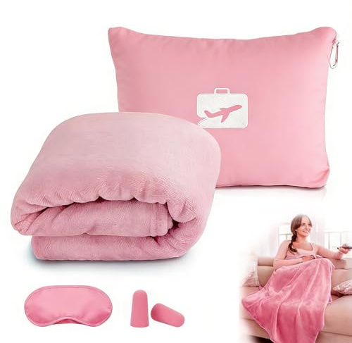 Megcdtr Travel Blanket and Pillow with Eye Mask and Ear Plugs(Pink) | Ultra Soft 2 in 1 Airplane Blanket, Portable Travel Blanket with Pillowcase, Ideal for Long Flights Office and Trains