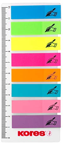 Kores - Klibbiga filmindexremsor på linjal, signera här självhäftande sidmarkörer och dokumentflaggor, skol- och kontorsmaterial, 12 x 45 mm, set med 8 blandade färger x 25 ark vardera
