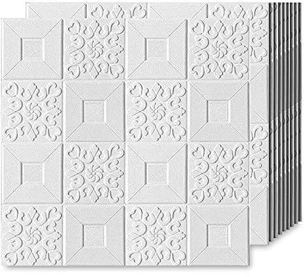 EMSMIL 3D Ziegel Tapete Selbstklebend Wandpaneele 10 Stk Weiß 70 x 70 cm Modern Wasserfest Steinoptik Tapeten 3D Effekt Schaumstoff Wandaufkleber für Badezimmer Schlafzimmer Wohnzimmer Küchen Wand