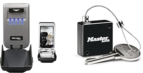 Master Lock Light Up Dial Key Safe + Retractable Tether [Medium Size] [Wall mounted] [Outdoor] - 5425EURD + 5490EURD - Key Lock Box