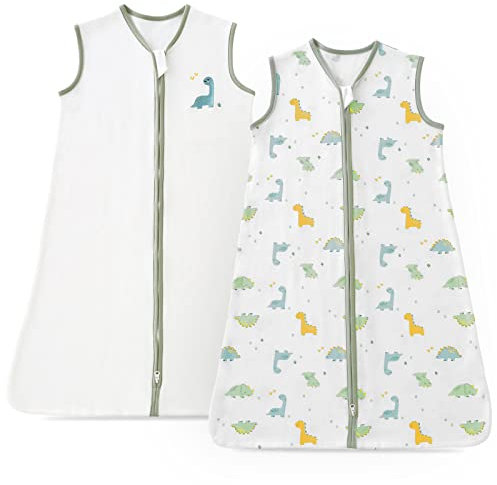 beeweed Baby Ganzjahres Schlafsack 1.0 TOG, 100% Baumwolle Kinder Ärmellos Wattiert Sommerschlafsack für Jungen und Mädchen, Dinosaurier, 18-24 Monate, (2er Pack)