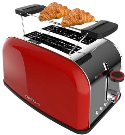 Cecotec Vertikaler Toaster Toastin' time 850 Red, 850W, Doppelter Kurzschlitz und breiter Schlitz von 3,8 cm, Obere Stäbe, Edelstahl, Automatische Abschaltung und Pop-up-Funktion, Krümelablage