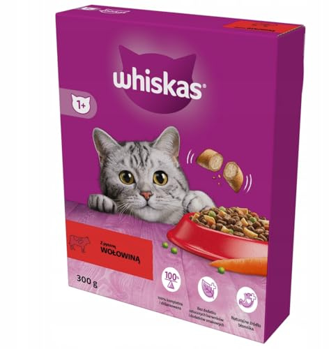 Whiskas Adult 1 torrfoder för vuxna katter med nötkött 2-pack (2 x 300 g) i kartong