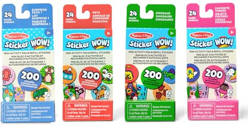 Melissa & Doug Sticker Wow!™ Mini Activity Pad and Refill Stickers 4-Pack (Dinosaur, Pets, Favorite Things, Surprise Pack 1) – 200 Stickers Each (800 Total) for Any Sticker Stamper (Not Included)