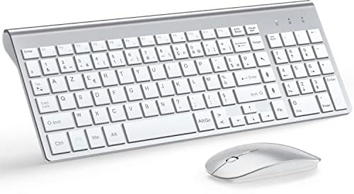 TopMate Ensemble Clavier avec Couvercle et Souris sans Fil Ultra-Mince, 2.4G Silent Compact 2400DPI Pleine Taille, Piles 2 AA et AAA, pour PC/Laptop/Windows/Mac - Argent Blanc