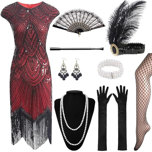 XCMVCN 12 stycken 1920-tals Charleston klänning år paljetter pärlor fransar Gatsby, klänning med 20-talet tillbehör, cocktailklänning, maskeraddräkt (svart + guld, XXL)