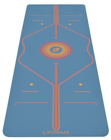 Liforme tryckt yogamatta samling – gratis yogaväska, patenterat justeringssystem, krigarliknande grepp, halkfri, miljövänlig, svettbeständig, lång, bred och tjock för komfort (strålande solblå)
