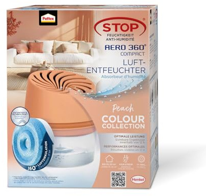 Pattex AERO 360° Kompakt Luftentfeuchter Peach Colour Collection, 1 Gerät inkl. 1 Nachfülltab, Raumentfeuchter für effektive Luftzirkulation, Raumluftentfeuchter reduziert Luftfeuchtigkeit