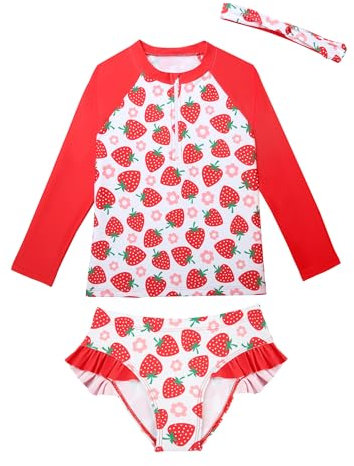 Qiraoxy Mädchen Badeanzug Langarm Bademode UV-Schutz Badeanzug Rashguard Mädchen Erdbeer-Badebekleidung 9-10 Jahre