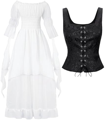 kasahara Costume Médiéval Femme avec Corset, Blouse et Robe Renaissance, Ceinture & Pochette, Déguisement Pirate, Sorcière ou Fée pour Carnaval, Festival, LARP et Cosplay (White-Set, M)