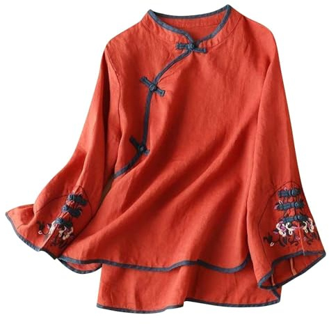 Blusa tradicional china para mujer, bordada, algodón, lino, manga larga, camisa de manga larga, con botones de rana, Cheongsam, cuello en V, camisas de dormir