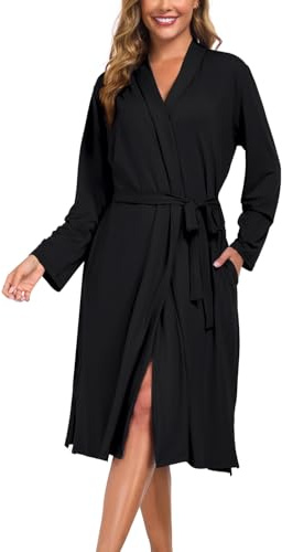 Beuwltpa Robe de chambre pour femme longue, peignoir léger, doux avec col en V et manches longues, kimono avec poches adapté pour sauna, spa, surf, voyages, vêtements de détente, Noir , S