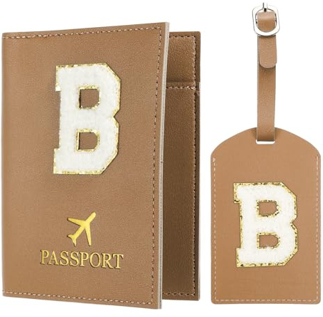 PATIKIL Funda Pasaporte con Identificador de Maletas, Funda para Pasaporte con Iniciales y Etiqueta de Equipaje con Parche de Letras de Chenilla, para Crédito, Tarjetas y Boletos, Marrón B