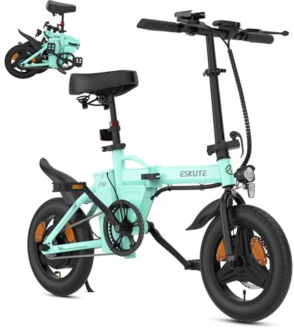 ESKUTE F100 Bicicleta Eléctrica Plegable, Ebike 14, Batería Integrada 36V 9Ah, 25 km/h & Autonomía 35–60 km, Pantalla LCD, Soporte USB, Asiento Ergonómico, Bici Electrica Urbana para Adultos,Cian