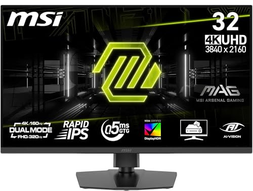 MSI MAG 322URDF E16 32-Inch 4K UHD Gaming Monitor, 3840x2160 Rapid IPS, 0.5ms, DisplayHDR 400, AMD FreeSync Premium, Eye Care, AI Vision, Dual-Mode, Intel A Series, HDMI 2.1, DP 1.4a, Black