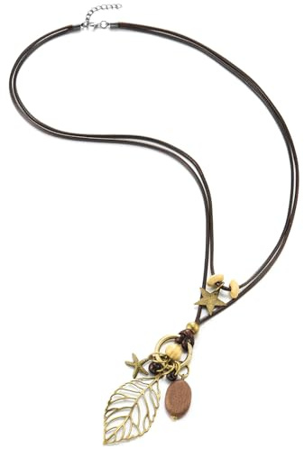 COOLSTEELANDBEYOND Collier Cordon Cuir Boho pour Femme, Pendentif Feuille Bronze, Étoile et Bois, Style Naturel
