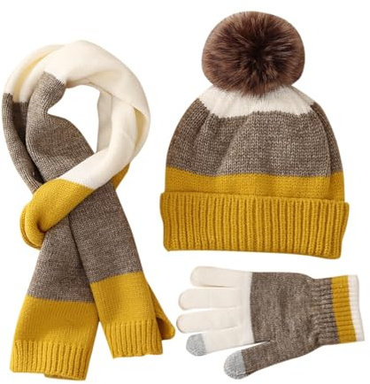 Generisch Ensemble d'hiver chaud pour enfants de 8 à 15 ans Plus bonnet tricoté épais gants écharpe ensemble 3 pièces rose pour femme, jaune, taille unique