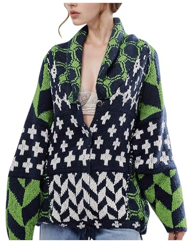Mymyguoe Printed Cardigan Women's Knitted Jumper Jacket Knitted Transition Jacket Lightweight Sweater with Buttons Y2K Elegant Norwegian Pullover Cardigans Winter Autumn Warm Knitted Cardigan, Green