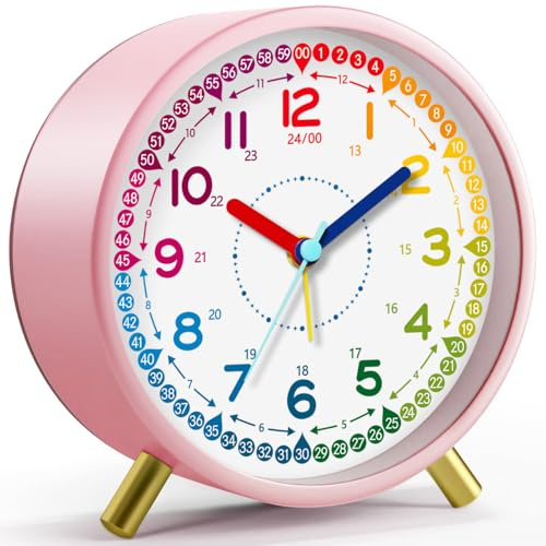 Zonopy Kids Alarm Clock, Silent Non-Ticking, Analog Learning Clock for School Beginners, Stylish Round Metal Clock, Easy to Read, Battery Operated, Loud Ringing