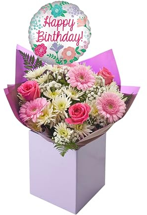 Pastel Pink and White Arrangement Fresh Seasonal Blooms with Roses, Gerbera, Gypsophila, Chrysanthemum – Floral Design, Anniversaries, Mum (Birthday)