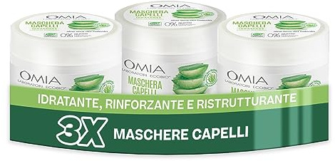 Omia, Maschera Per Capelli Erboristica con Aloe Vera del Salento, Trattamento Idratante e Illuminante per Capelli Secchi, Maschera per Lavaggi Frequenti, Senza Siliconi e SLES, 3 Flaconi da 250 ml