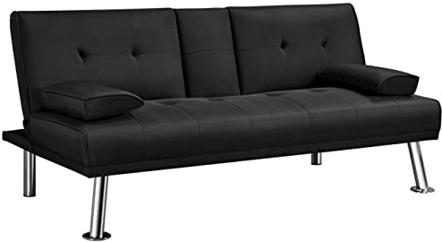 Yaheetech Divano Letto con 2 Braccioli Staccabili Divano Trasformabile Mobile Imbottito a 3 Posti Divanetto Reclinabile da Salotto con Supporto Centrale Porta Bicchieri Nero/Tessuto