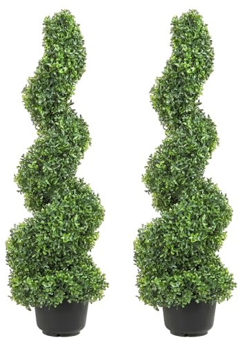 VEVOR 2 STK. Künstlicher Buchsbaum Turm Formschnitt Spirale Kunstpflanze 91cm hoch Dekopflanze Grüne Plastikpflanze aus PE Eisen Formschnittpflanzen inkl. 10 STK. Ersatzblätter