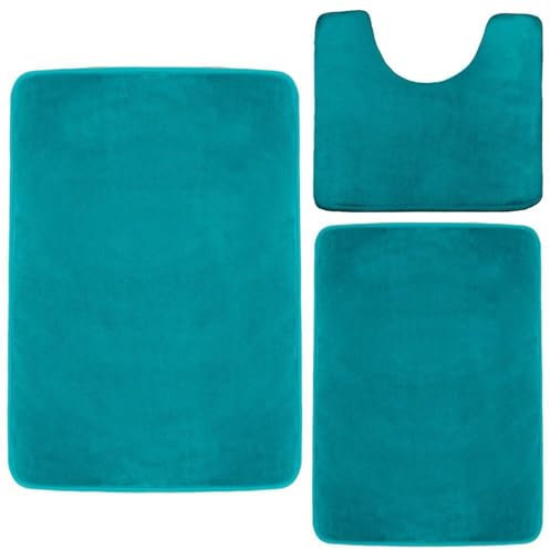 Reyox Badezimmerteppiche 3er Set, Weiche rutschfeste Memoryschaum Wasserabsorbierend Badematten, WC Vorleger für Badezimmer Türkis
