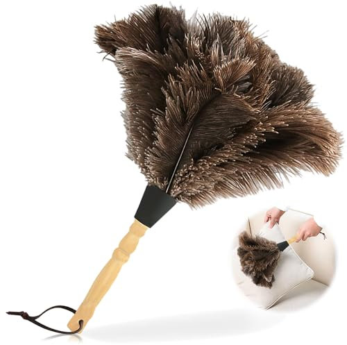 Nizirioo Plumero de avestruz de 34 cm, plumero de avestruz, plumas de avestruz, antiestático, mango de madera, plumero de avestruz con mango de madera para habitaciones, salón, estantería