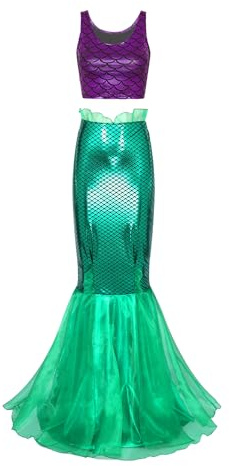 Agoky Ensemble Costume Sirène Haut Crop Top Camisole Et Jupe Queue De Sirène Cosplay Mermaid Jeu De Rôle Fête Halloween Carnaval S-3XL Violet Vert XXL