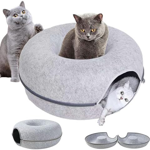 Katzenhöhle Katzentunnel 60cm Durchmesser 28cm hoch, VINSOC aus Filz Katzenbett multifunktionalle Katzensofa gemütliches Katzenspielzeug für endlosen Spaß Katzenkorb Katzenkissen, Hellgrau …