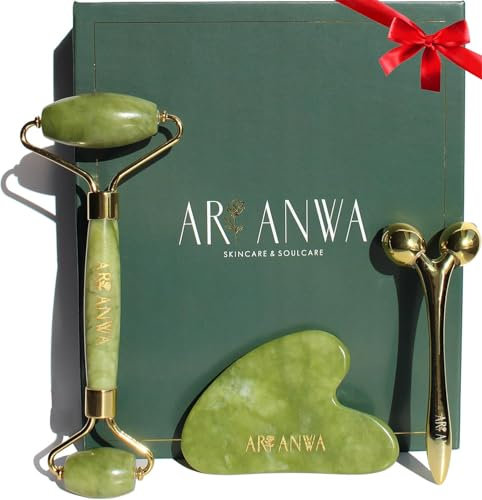 ARI ANWA Premium Kollektion - Gua Sha und Jade Roller Set + 3D-Massager | Face Yoga Set für straffe Haut und definierte Konturen | Hautpflege und Lifting | 100% echte Jade