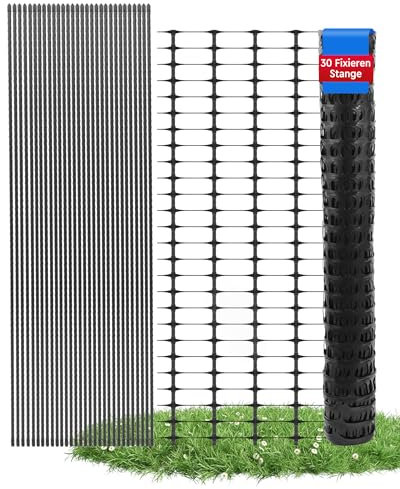 Ezcasch 50m Mobiler Begrenzungszaun (100g/㎡ 1m Hoch) Engmaschig Hühnerzaun Absperrzaun Gartenzaun Hundezaun für Kleintiere Geflügelzaun inkl. 30x Pfähle & 200x Kabelbinder
