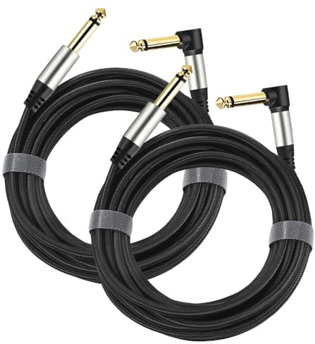 Adoerpai 2-Pack Guitar Cables 1/4 Inch 6.35mm Male to Male Jack Right Angle to Straight Nylon Braided TS Mono Instrument Cable (16FT)