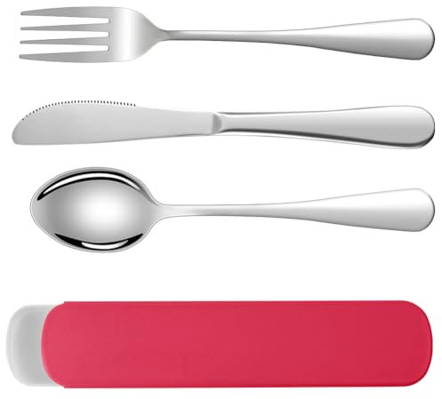 HOTUT 3 Pezzi Posate Da Campeggio Kit con Borsa Portaoggetti, Set di Posate Acciaio Inox, Finitura Lucida Lavabili in Lavastoviglie, Posate Da Viaggio in Argento con Cucchiaio Forchetta Coltello
