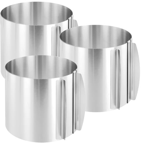 SINJEUN 3 PCS Adjustable Cake Ring, 16-30cm Adjustable Stainless Steel Baking Ring 15cm Height Telescopic Mousse Ring for Crumpets Cheesecake Pastry Desserts Cookie Baking