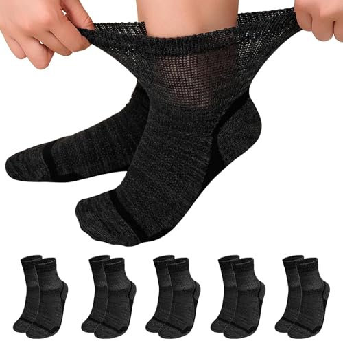 LOFIR Calzini Diabetici da Donna in Bambù: Calze Corti Senza Elastico Senza Cucitura da Uomo - Calzini con Cuscino Caviglia Extra Larghe per Anziani Gravidanza Piedi Gonfi 5 Paia Nero 39-42